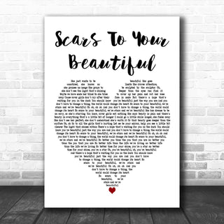 Art print with the text 'Scars To Your Beautiful' in a heart shape, highlighting beauty and self-acceptance.