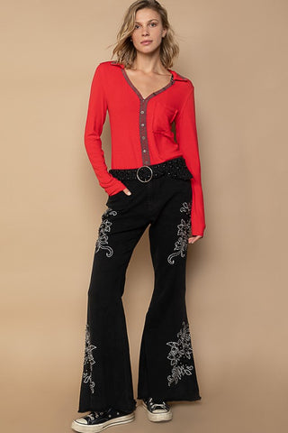 POL Raw Hem Embroidered Flare Pants - 1985 the VAULT Boutique