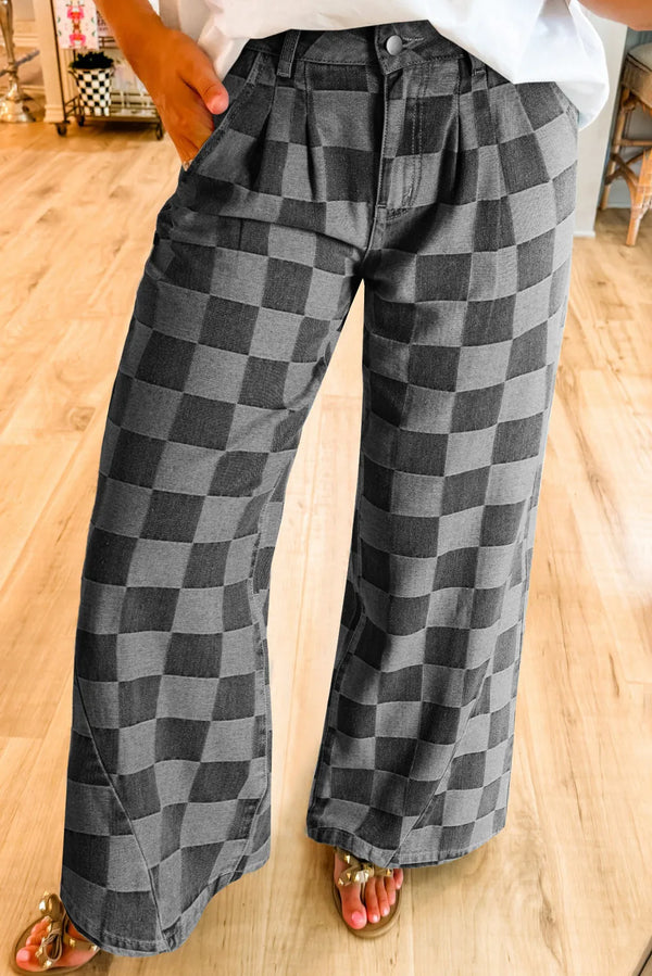 Checkered Wide Leg Jeans with Pockets - 1985 the VAULT Boutique