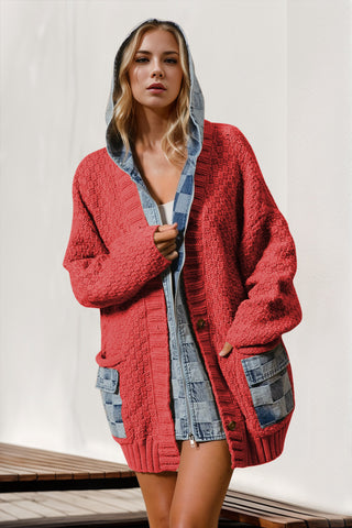 Double Take Full Size Hooded Denim Spliced Sweater Cardigan - 1985 the VAULT Boutique