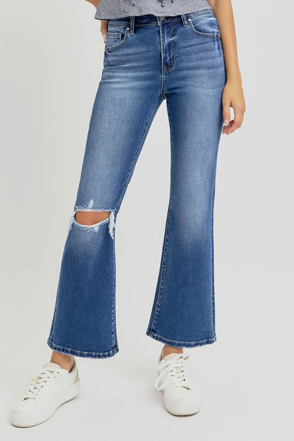 RISEN Full Size Distressed High Rise Crop Flare Jeans - 1985 the VAULT Boutique