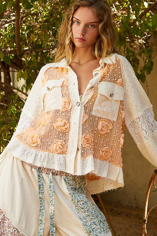 POL Eyelet Flower Pearl Detail Lace Patchwork Shirt - 1985 the VAULT Boutique