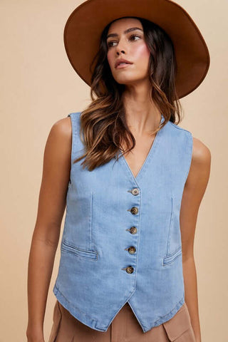 Annie Wear Button Down V-Neck Denim Vest - 1985 the VAULT Boutique