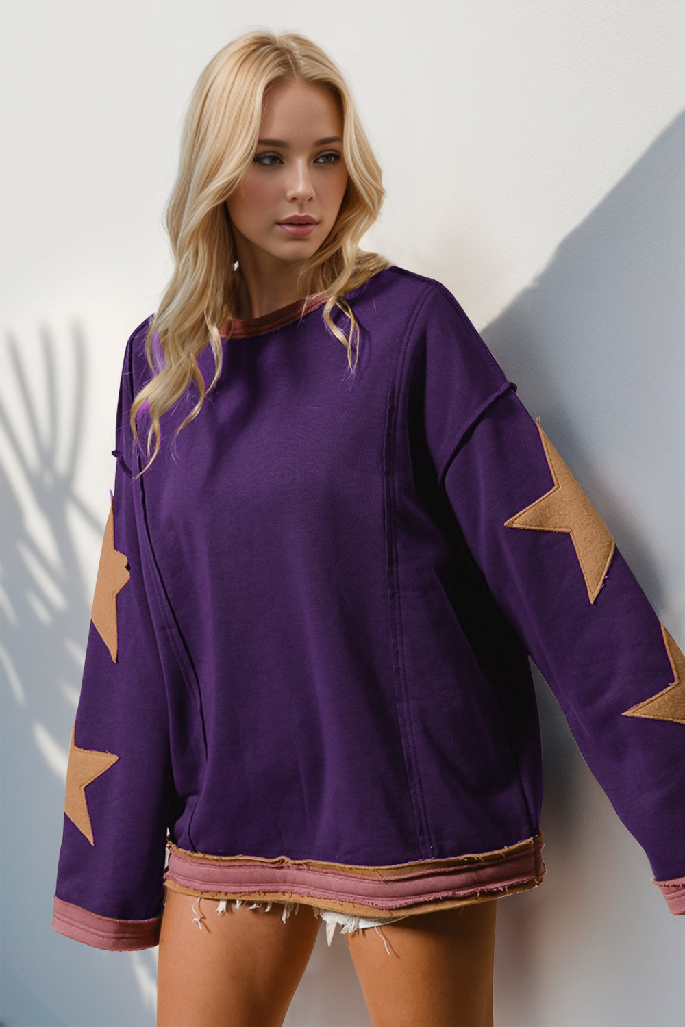 Double Take Star Patched Long Sleeve Sweatshirt - 1985 the VAULT Boutique