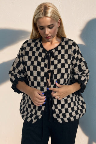 Double Take Tied Checkered Dropped Shoulder Flounce Sleeve Cardigan - 1985 the VAULT Boutique