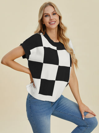 Double Take Full Size Checkered Round Neck Short Sleeve Sweater - 1985 the VAULT Boutique