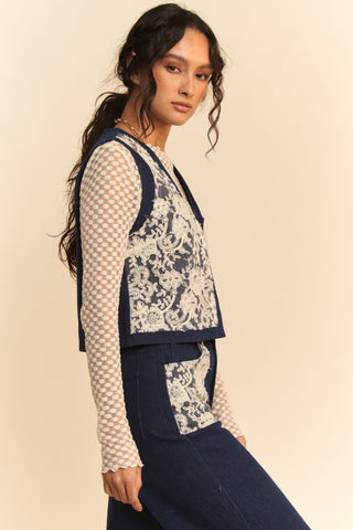 Davi & Dani Lace Patch Open Front Denim Vest - 1985 the VAULT Boutique