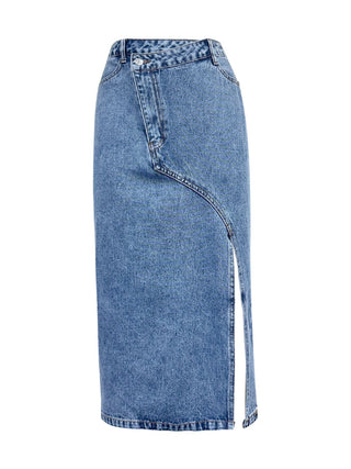 Slit Asymmetrical Waistband Midi Denim Skirt - 1985 the VAULT Boutique