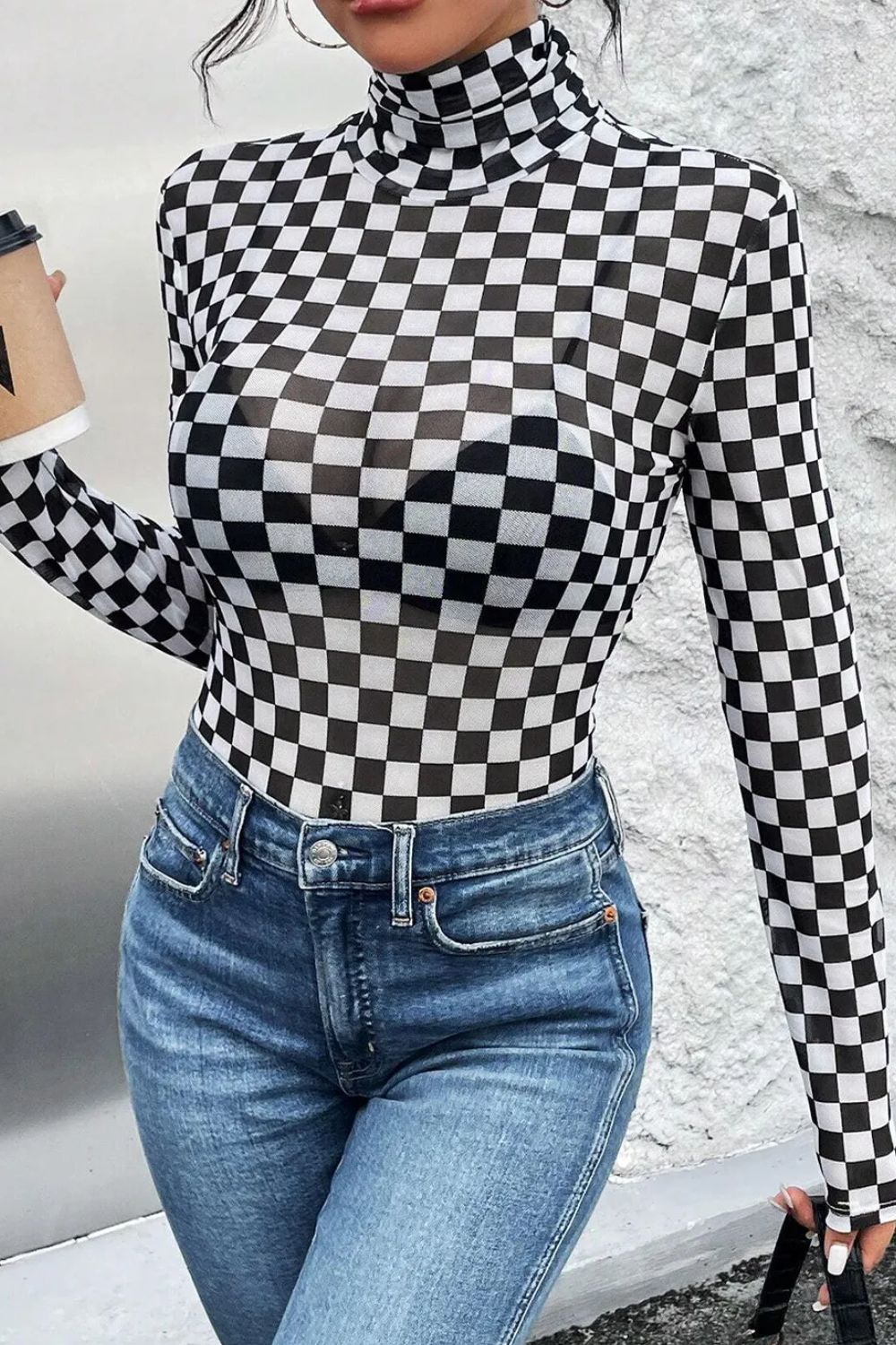 Checkered Turtleneck Long Sleeve Bodysuit - 1985 the VAULT Boutique