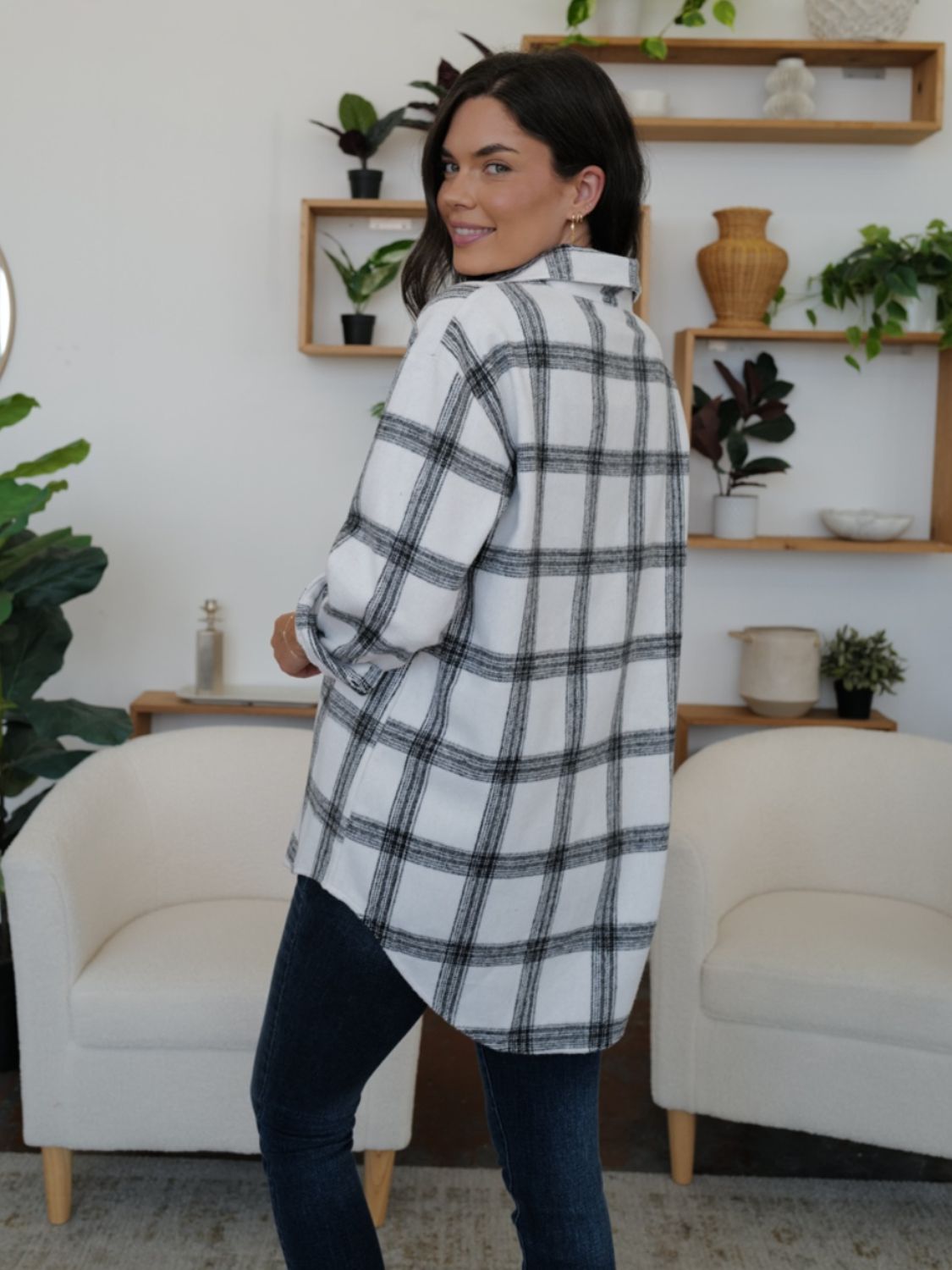 FAM-FAM Plaid Collared Neck Long Sleeve Shacket - 1985 the VAULT Boutique