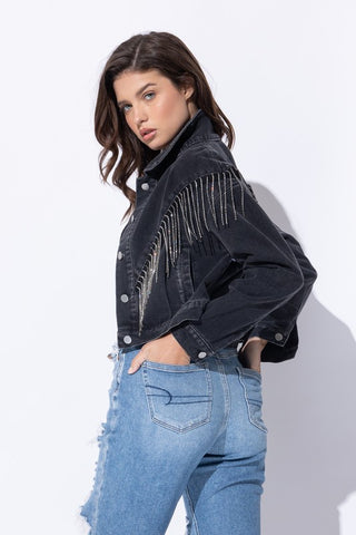 CROP DENIM JACKET WITH RHINESTONE FRINGE - 1985 the VAULT Boutique