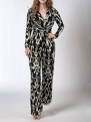 Full Size Leopard Tie Waist Long Sleeve Jumpsuit Plus Size - 1985 the VAULT Boutique