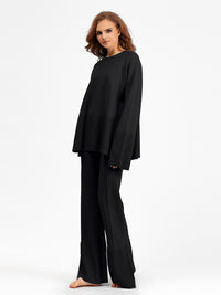 Basic Bae Slit Round Neck Long Sleeve Top and Drawstring Pants Sweater Set - 1985 the VAULT Boutique