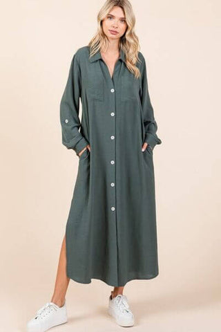 Mittoshop Airflow V-Neck Long Sleeve Button Down Maxi Dress - 1985 the VAULT Boutique