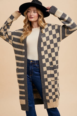 Annie Wear Checkered & Striped Open Front Long Sleeve Cardigan - 1985 the VAULT Boutique