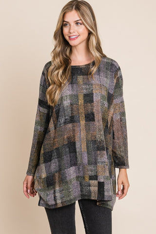 BOMBOM Plaid Round Neck Long Sleeve Top - 1985 the VAULT Boutique