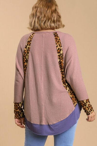 Umgee Full Size Leopard High-Low Dolman Sleeve Waffle Knit Top Plus Size - 1985 the VAULT Boutique