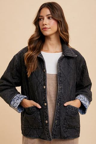 Annie Wear Quilted Printed Lining Snap Down Denim Jacket - 1985 the VAULT Boutique