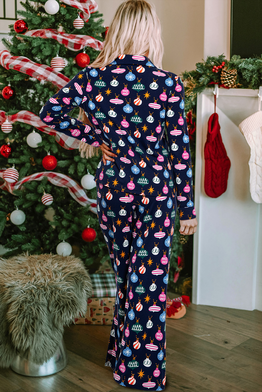 Christmas Lights Print Collared Neck Top and Pants Set - 1985 the VAULT Boutique