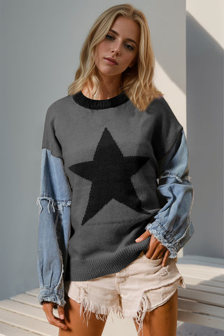 Double Take Full Size Star Pattern Raw Edge Long Sleeve Sweater - 1985 the VAULT Boutique