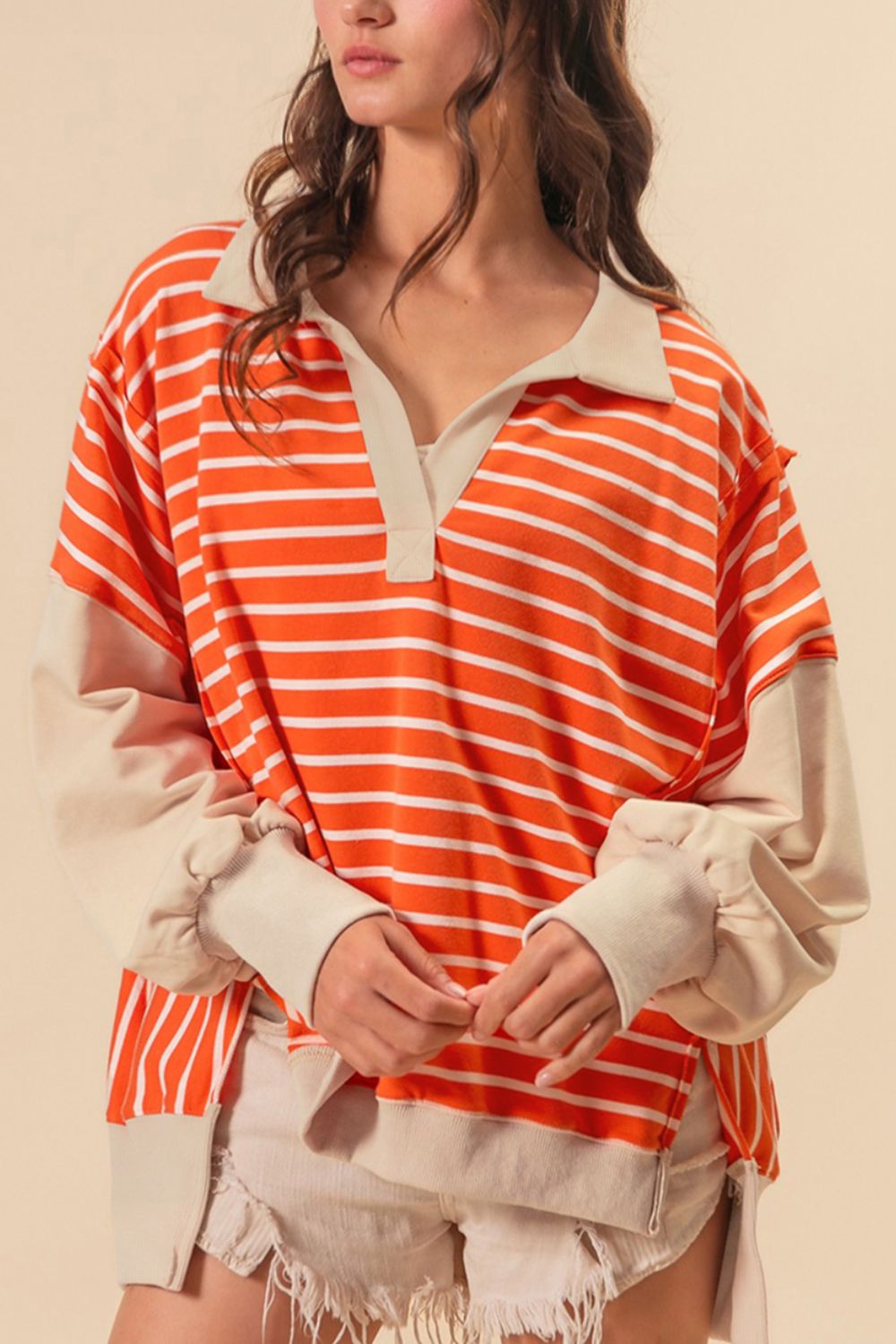 Striped Johnny Collar Long Sleeve Sweatshirt - 1985 the VAULT Boutique