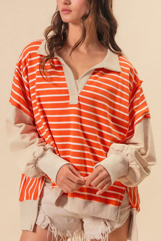 Striped Johnny Collar Long Sleeve Sweatshirt - 1985 the VAULT Boutique