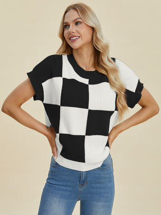 Double Take Full Size Checkered Round Neck Short Sleeve Sweater - 1985 the VAULT Boutique