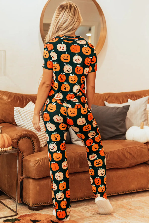 Pumpkin Printed Short Sleeve Top and Pants Lounge Set - 1985 the VAULT Boutique