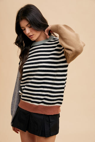 Annie Wear Striped Color Block Round Neck Sweater - 1985 the VAULT Boutique