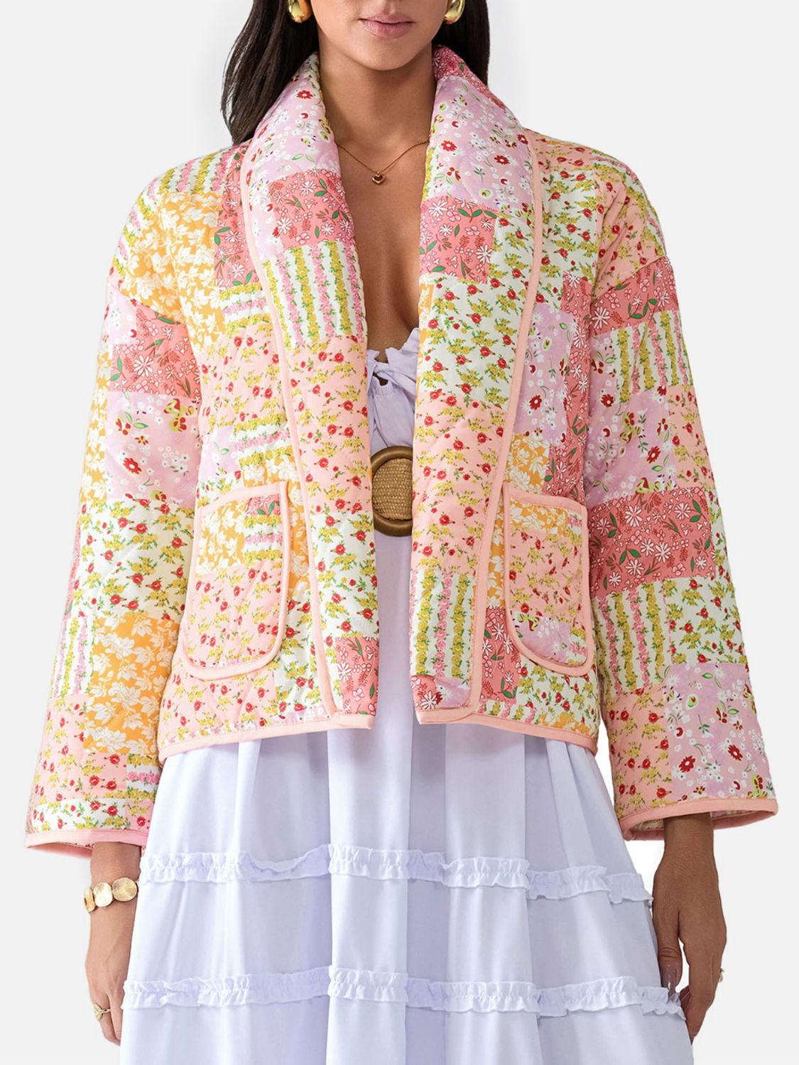 Printed Patchwork Open Front Cardigan with Pockets - 1985 the VAULT Boutique