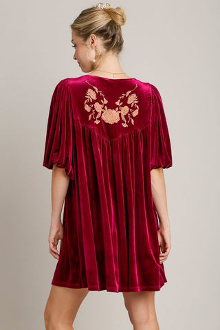 Umgee Embroidered Half Sleeve Velvet Mini Dress with Tassel - 1985 the VAULT Boutique