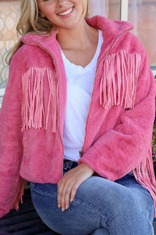 Fringed Zip Up Fleece Jacket - 1985 the VAULT Boutique