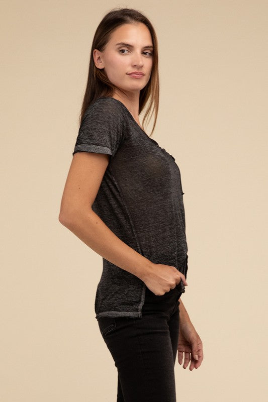 Basic Washed Melange Burnout Scoop V-Neck Top - 1985 the VAULT Boutique