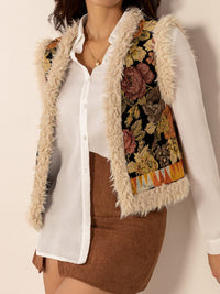 Embroidered Fuzzy Trim Open Front Vest Coat - 1985 the VAULT Boutique