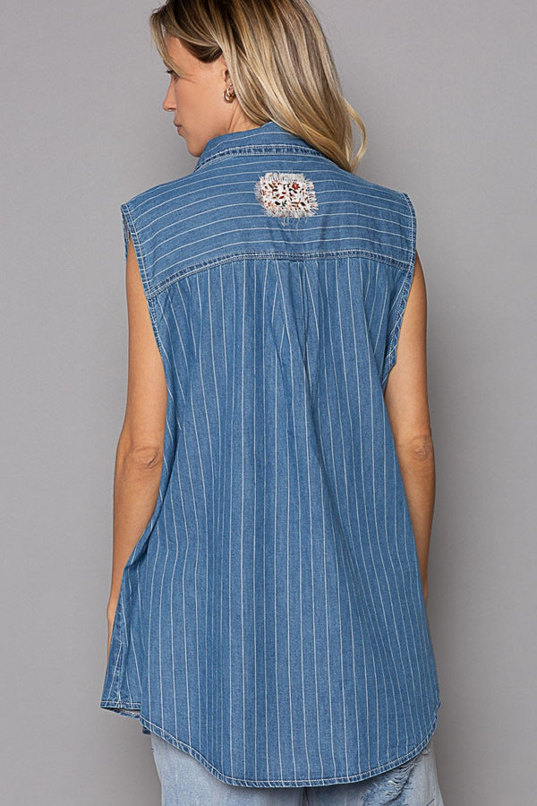 POL Button Down Sleeveless Striped Denim Shirt - 1985 the VAULT Boutique