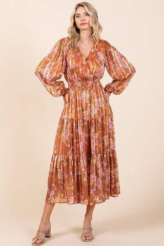 Mittoshop Flower Print Satin Lurex Stripe Smocked Midi Dress - 1985 the VAULT Boutique