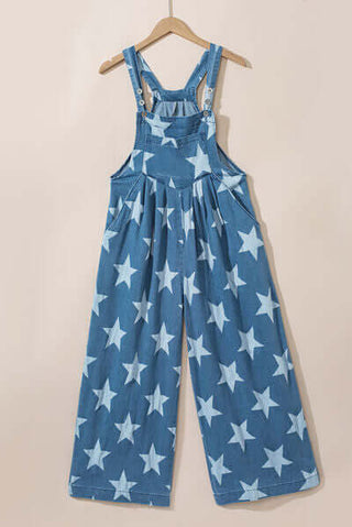 Star Print Buttoned Strap Wide Leg Denim Overalls - 1985 the VAULT Boutique