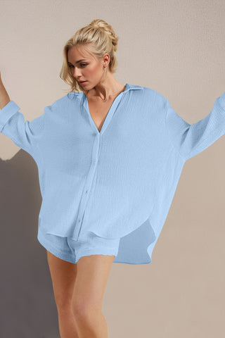 Basic Bae Breathable Button Down Long Sleeve Top and Shorts Set - 1985 the VAULT Boutique