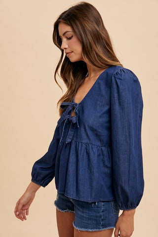 Annie Wear Tie Front Peplum Long Sleeve Denim Top - 1985 the VAULT Boutique