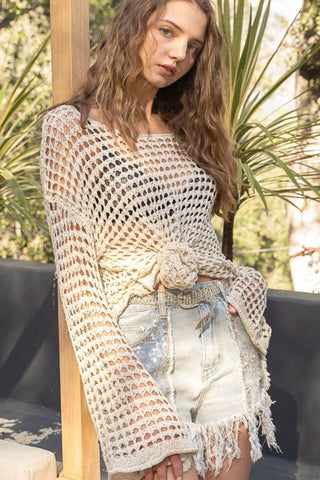 POL Side Slit Openwork Long Sleeve Knit Cover Up - 1985 the VAULT Boutique