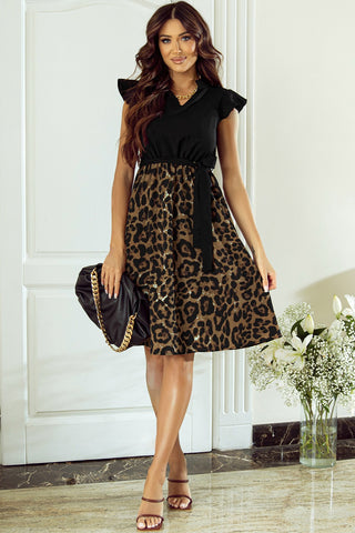 Tied Ruffled Leopard Cap Sleeve Dress - 1985 the VAULT Boutique