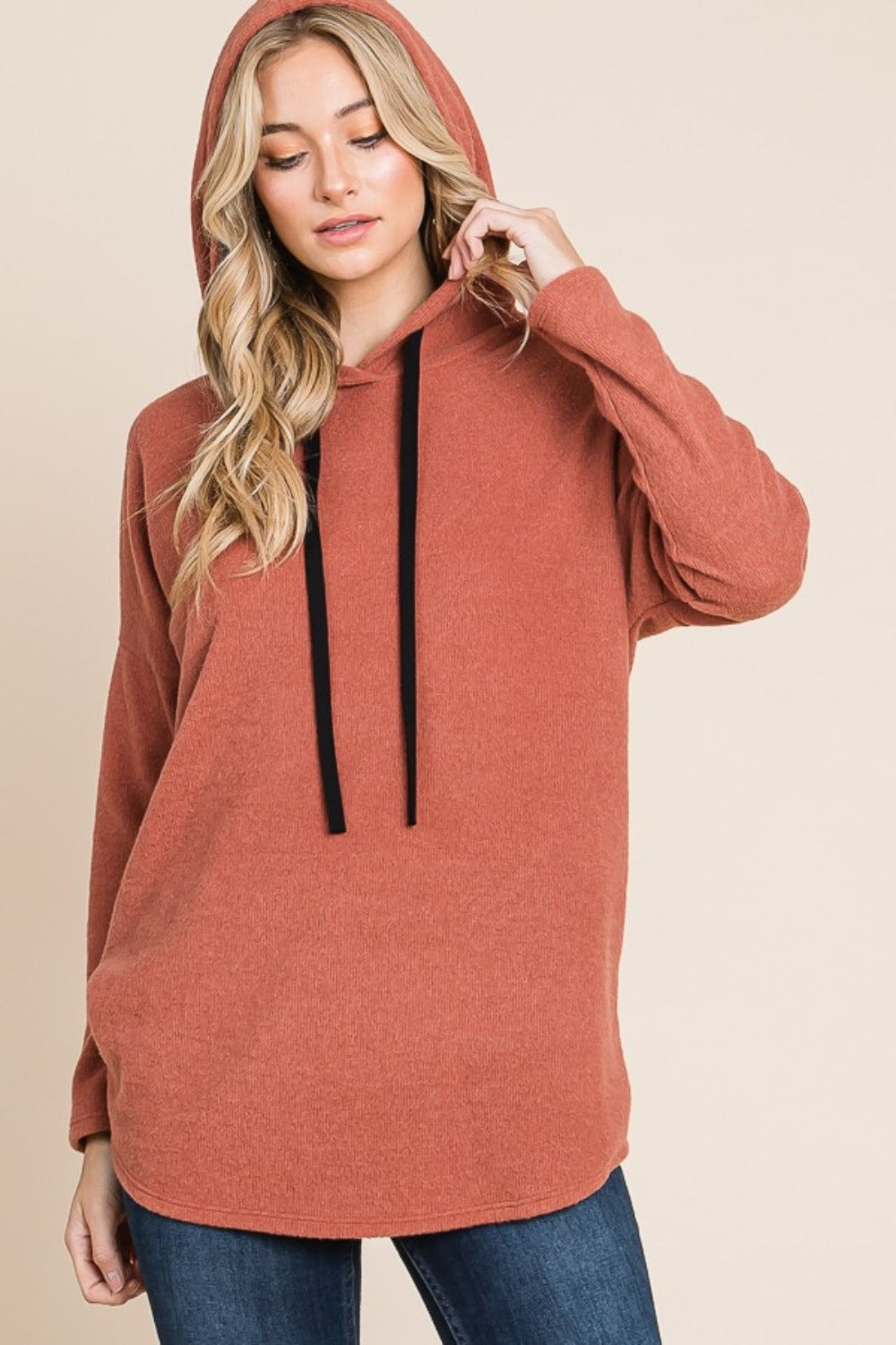 BOMBOM Contrast Drawstring Drop Shoulder Knit Hoodie - 1985 the VAULT Boutique