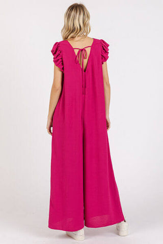 Mittoshop V-Neck Ruffled Cap Sleeve Wide Leg Jumpsuit - 1985 the VAULT Boutique