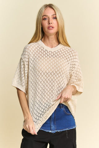 Davi & Dani Side Slit Openwork Round Neck Half Sleeve Knit Cover Up - 1985 the VAULT Boutique