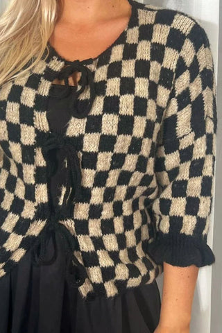 Double Take Tied Checkered Dropped Shoulder Flounce Sleeve Cardigan - 1985 the VAULT Boutique