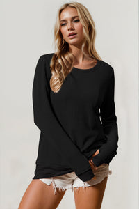 Double Take Corded Rib Thumbhole Cuff Round Neck T-Shirt - 1985 the VAULT Boutique