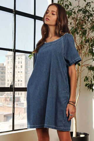 ADORA Raw Hem Mini Denim Dress with Pockets - 1985 the VAULT Boutique