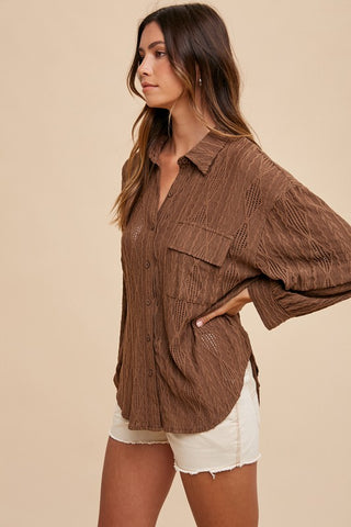 Annie Wear Openwork Button Down Drop Shoulder Shirt - 1985 the VAULT Boutique