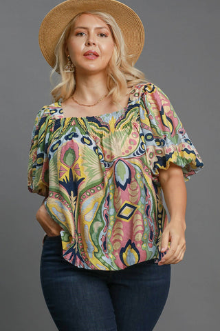 Umgee Full Size Abstract Print Smocked Square Neck Puff Sleeve Blouse - 1985 the VAULT Boutique