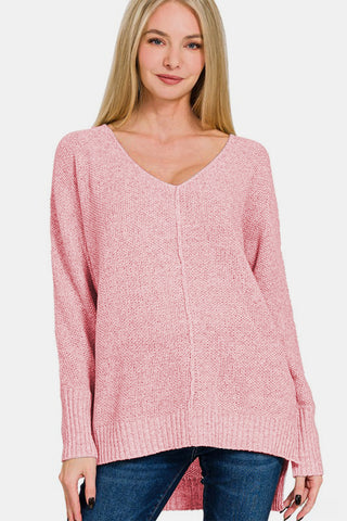 Zenana High-Low Center Seam V-Neck Sweater - 1985 the VAULT Boutique